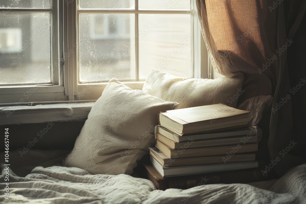 Poster a study room with a comfy reading nook by the window. soft pillows and a stack of books create a per