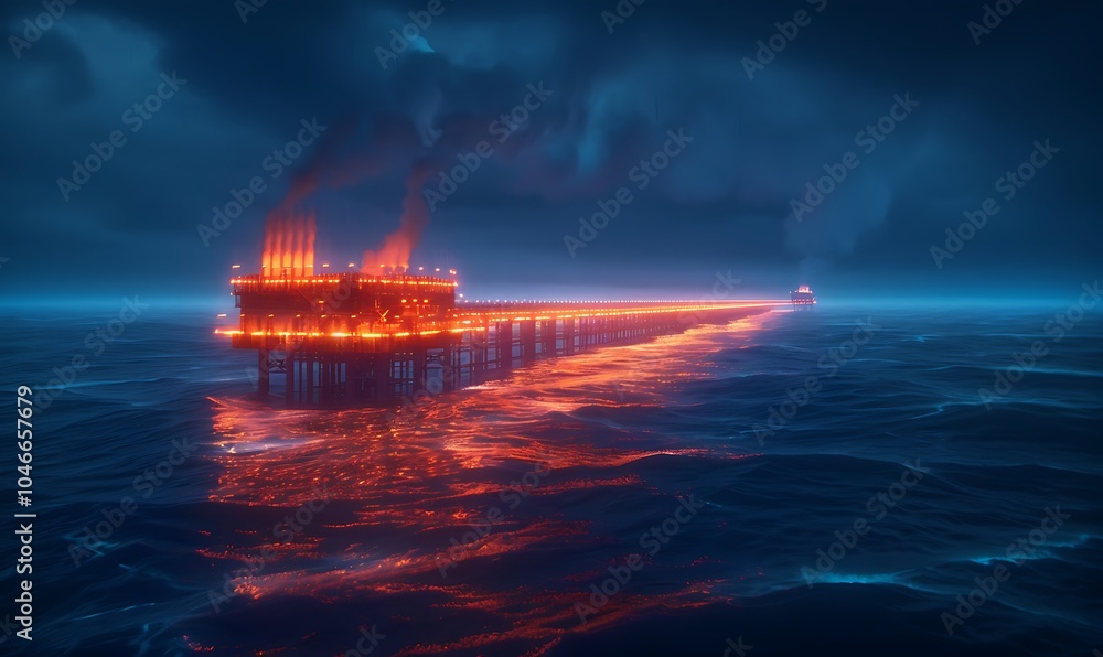 Poster Offshore Fuel Processing Platform Extracting Fossil Fuel with Robotic Drones and Glowing Pipelines