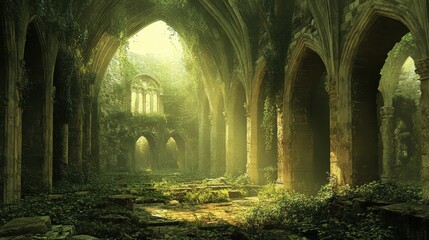 Naklejka premium Ancient ruins overgrown with vines.