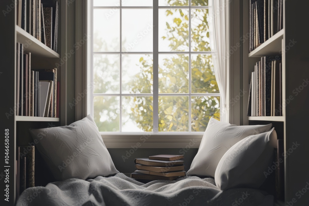 Poster a study room with a comfy reading nook by the window. soft pillows and a stack of books create a per