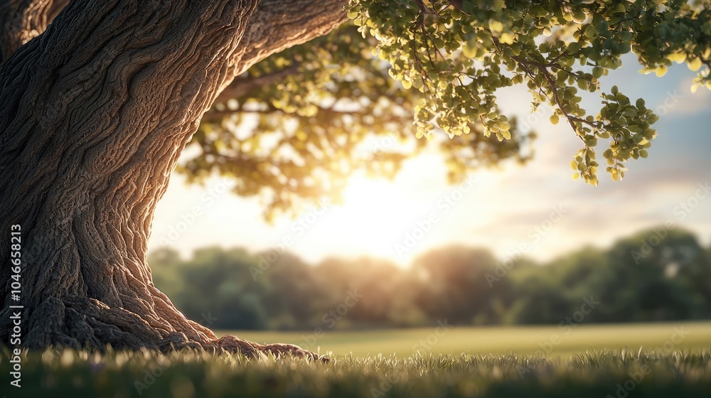 Poster tree trunk with sunlight streaming through leaves in a tranquil green field.