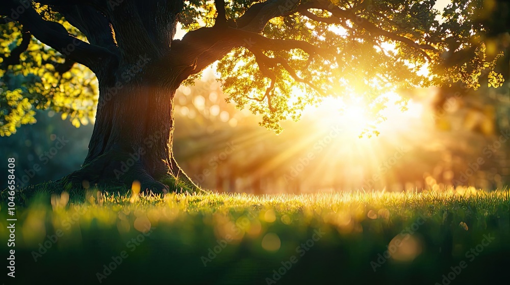 Poster sunlit tree casting shadows on grass in a serene outdoor setting.