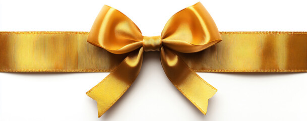 Decorative shiny atlas yellow ribbon with bow isolated on white background. gold band satin strip for Valentine's, birthday gift. Wrapping for Christmas party, Father's, Women's day gift.