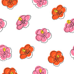 Vector hand-drawn seamless pattern with hibiscus flowers isolated on white background. Endless texture with tropical flowers.