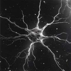A high-resolution electron microscope image of a neuron displaying its complex network of dendrites and synapses.