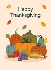 Thanksgiving and harvest concept card. Thanksgiving fruits and vegetables. Thanksgiving poster. Harvest background.