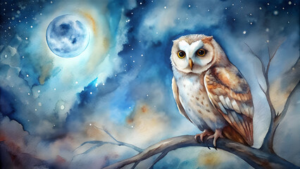 Watercolor Owl in Night Sky. Perfect for: Autumn, Night