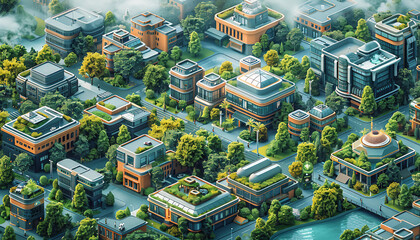 Obraz premium Futuristic Smart City Master Plan, detailed virtual layout of a futuristic smart city. Highlight buildings with integrated green technology, automated public transportation systems, 