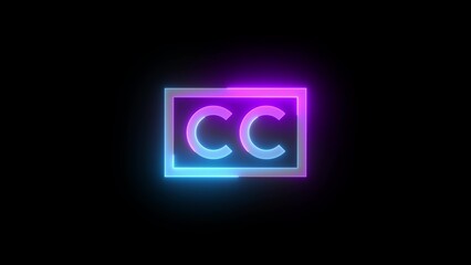 Neon symbol icon, Neon CC icon cyan purple color glowing black background