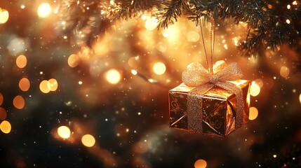 Christmas gift hanging on a tree with lights