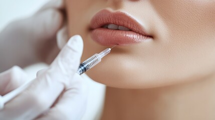 A beautiful woman is receiving a hyaluronic acid injection to enhance her lips and rejuvenate her skin in a clinical setting. Generative AI
