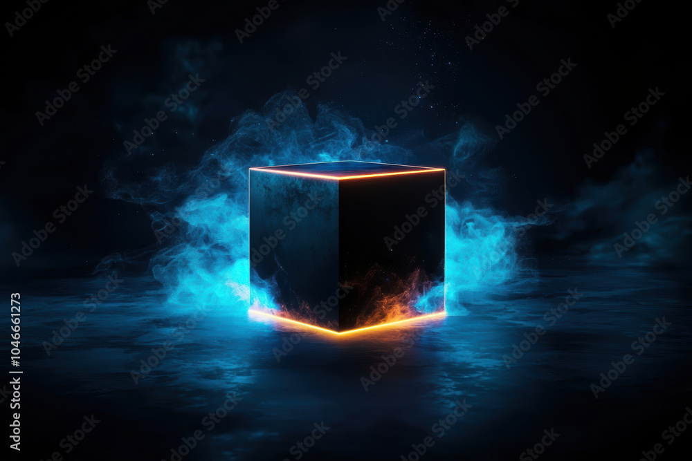 Poster glowing cube surrounded by ethereal smoke creates captivating visual in dark space. interplay of lig