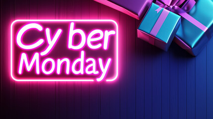 A neon sign showcases Cyber Monday deals with colorful wrapped gifts, sparking excitement for shoppers