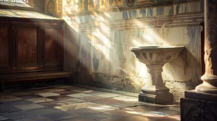 Baptismal Font in Morning Light, a serene church interior featuring a beautifully illuminated font, an urn nearby casting delicate shadows, creating a peaceful atmosphere