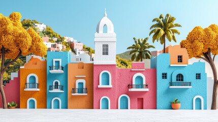 Fototapeta premium Vibrant buildings in colorful architectural style, featuring pink, blue, and orange hues, surrounded by lush trees and palm plants, create lively atmosphere