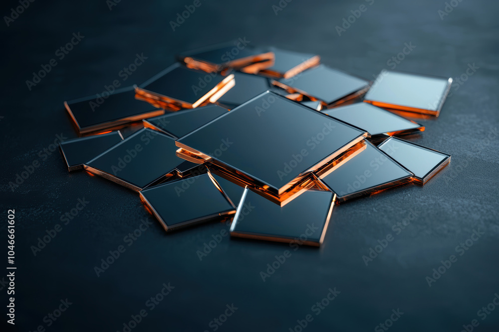 Aufkleber reflective glass tiles arranged in chaotic pile, showcasing their shiny surfaces and sharp edges. in