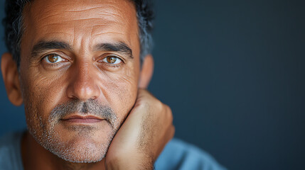 A thoughtful man resting his chin on his hand, showcasing a contemplative expression against a blurred background.