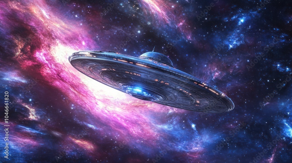 Poster a classic ufo flies through a colorful nebula in outer space.