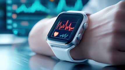 modern smartwatch displaying health metrics, including heart rate and activity levels, on persons wrist. This next generation wearable device is designed for fitness tracking and health monitoring