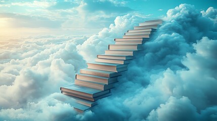 Staircase of books in dreamy clouds