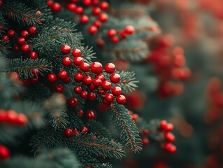 Vibrant red berries contrast with lush green pine branches during the winter season in a forest setting