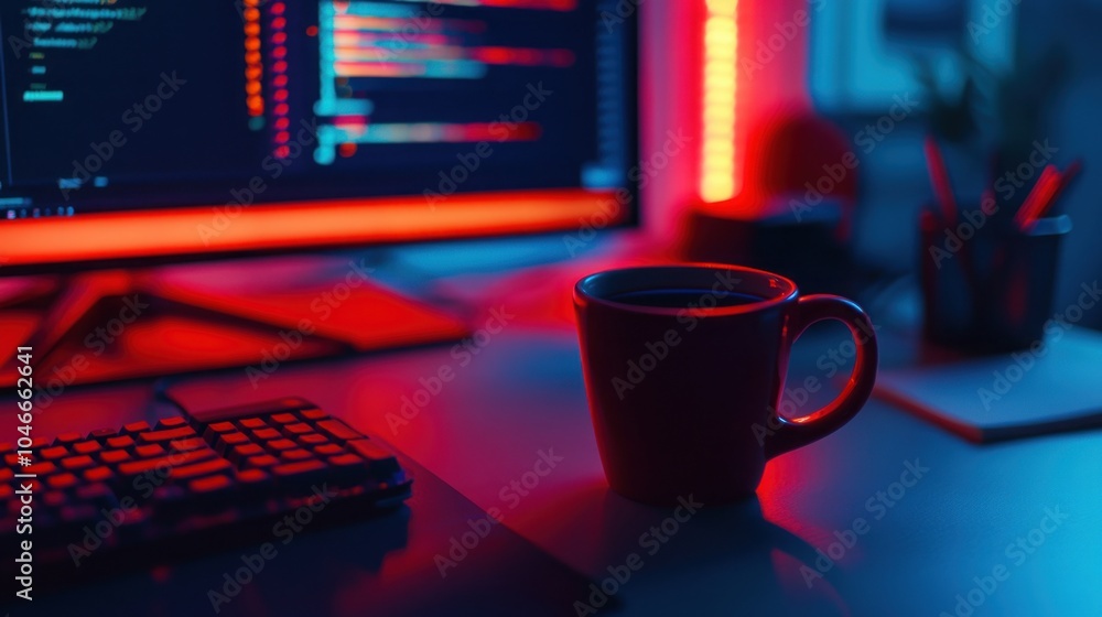 Fototapete a red mug of coffee sits on a desk with a computer monitor displaying code in the background. the de