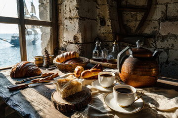 Enjoying a Delightful Breakfast With Coffee Near a Historic Fort Overlooking the Sea