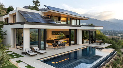 A breathtaking photography of a contemporary home, featuring expansive rooftop solar panels and a sleek infinity pool, symbolizing sustainable luxury.
