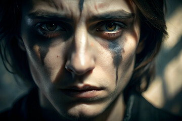 Fototapeta premium A close-up of a solemn face with dark markings under the eyes, conveying a sense of intensity and emotion.