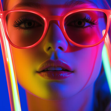 A vibrant portrait focusing on colorful neon glasses, offering a glimpse into a world filled with radiant light art and modern visual creativity.