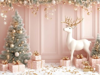 Elegant holiday decor featuring a white reindeer and pink Christmas trees in a festive setting with presents, ornaments, and soft decorations