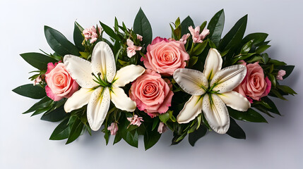 Obraz premium Elegant Floral Arrangement with Roses and Lilies on a Clean Background