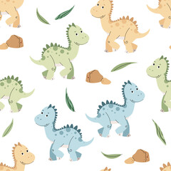 Obraz premium Seamless pattern with cute dinosaurs in flat style. Repeating background with baby dinosaur and leaves. Childish background for fabric, wallpaper, wrapping paper, scrapbooking, etc