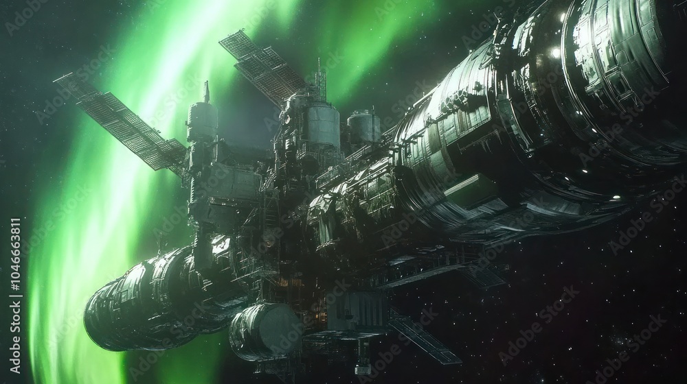 Poster a futuristic space station orbits a planet with a green aurora borealis in the background.