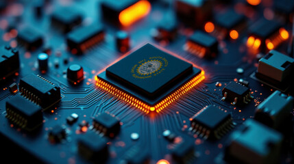 A microprocessor with the South Dakota flag is embedded on a circuit board, highlighted by glowing lights, showcasing influence in global semiconductor and computing technology.