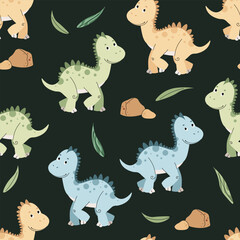 Obraz premium Seamless pattern with cute dinosaurs in flat style. Repeating background with baby dinosaur and leaves. Childish background for fabric, wallpaper, wrapping paper, scrapbooking, etc