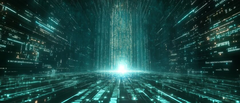 Digital Code Streams Across Circuit Board Surface