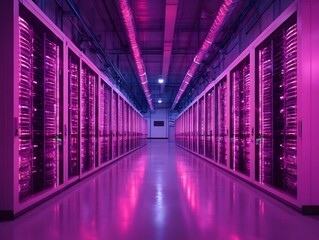 Fototapeta premium Vast Futuristic Data Center of a Genetic Bank with Towering Cryogenic Storage Chambers