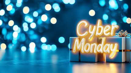 Celebrate Cyber Monday with bright, cheerful text and festive gift boxes shining in a vibrant blue atmosphere