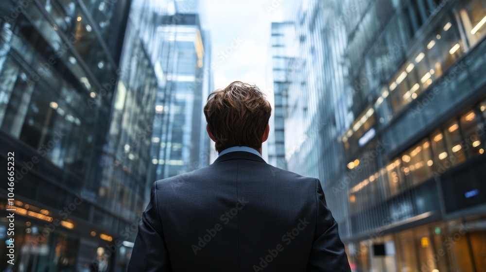 Poster a man in a suit is standing in front of a tall building, looking up at the sky