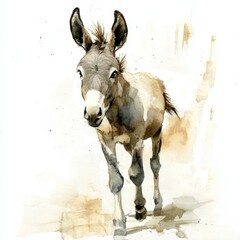 A charming watercolor illustration of a donkey, showcasing its playful nature against a soft background.