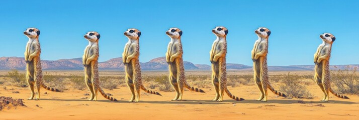 Seven meerkats stand in a line in a desert, looking up at the sky.