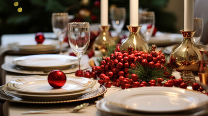 Naklejka premium Holiday table decor, Christmas holidays celebration, tablescape and dinner table setting, English country decoration and home styling inspiration