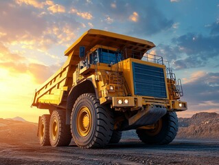 Obraz premium Large yellow dump truck working at a construction site during sunset with dramatic clouds in the background