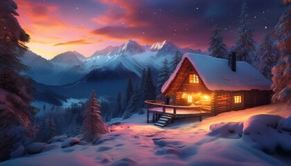 Fototapeta premium Cozy cabin in the mountains, snow falling softly, vibrant color glowing inside sunlight