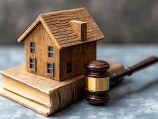 A wooden house model next to a gavel and law books representing property law and legal matters in a professional setting