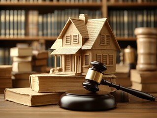 A wooden house model rests on law books beside a gavel in a library setting, symbolizing real estate law and legal proceedings