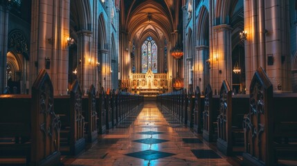 Evening Illuminations of a City Cathedral, warm light spilling through open doors, highlighting intricate architecture, inviting ambiance, peaceful atmosphere during a service