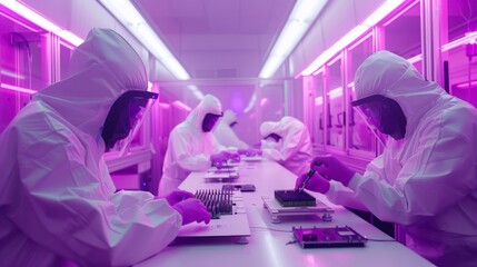 Cleanroom Assembly, sterile environment, technicians in full protective suits, focused on assembling microprocessors, advanced technology, precision work, collaborative effort, high-tech industry.