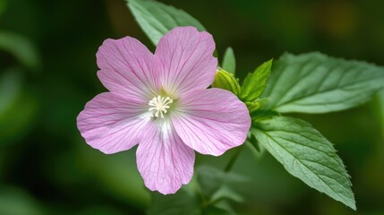 Fototapeta premium A close-up of a pink flower with a white center, surrounded by green foliage, creating a serene and tranquil mood.